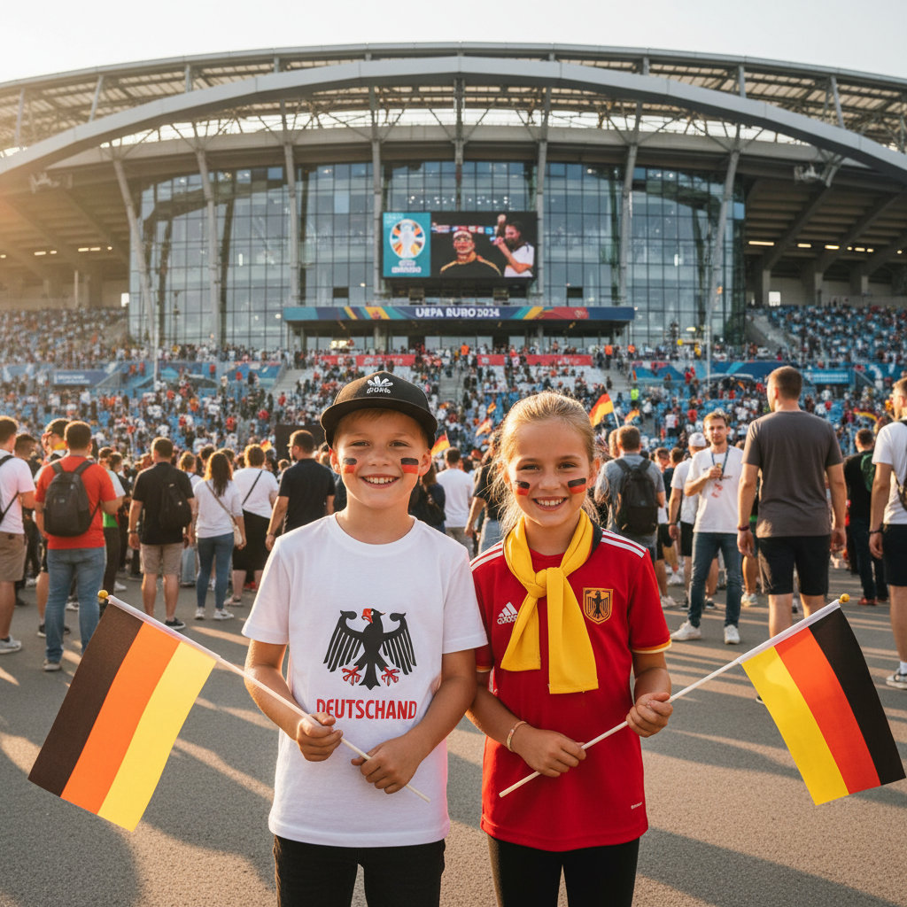 Niño y niña con mejillas pintadas con los colores de Alemania frente a un estadio