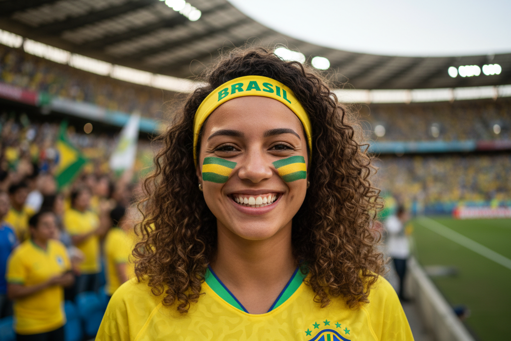 Chica con cara pintada con los colores de Brasil