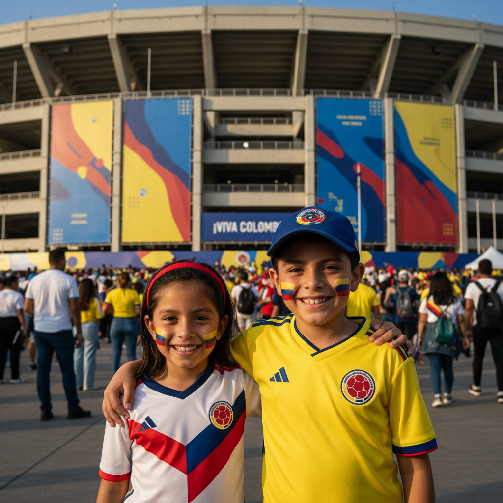 Niño y niña con mejillas pintadas con los colores de Colombia frente a un estadio